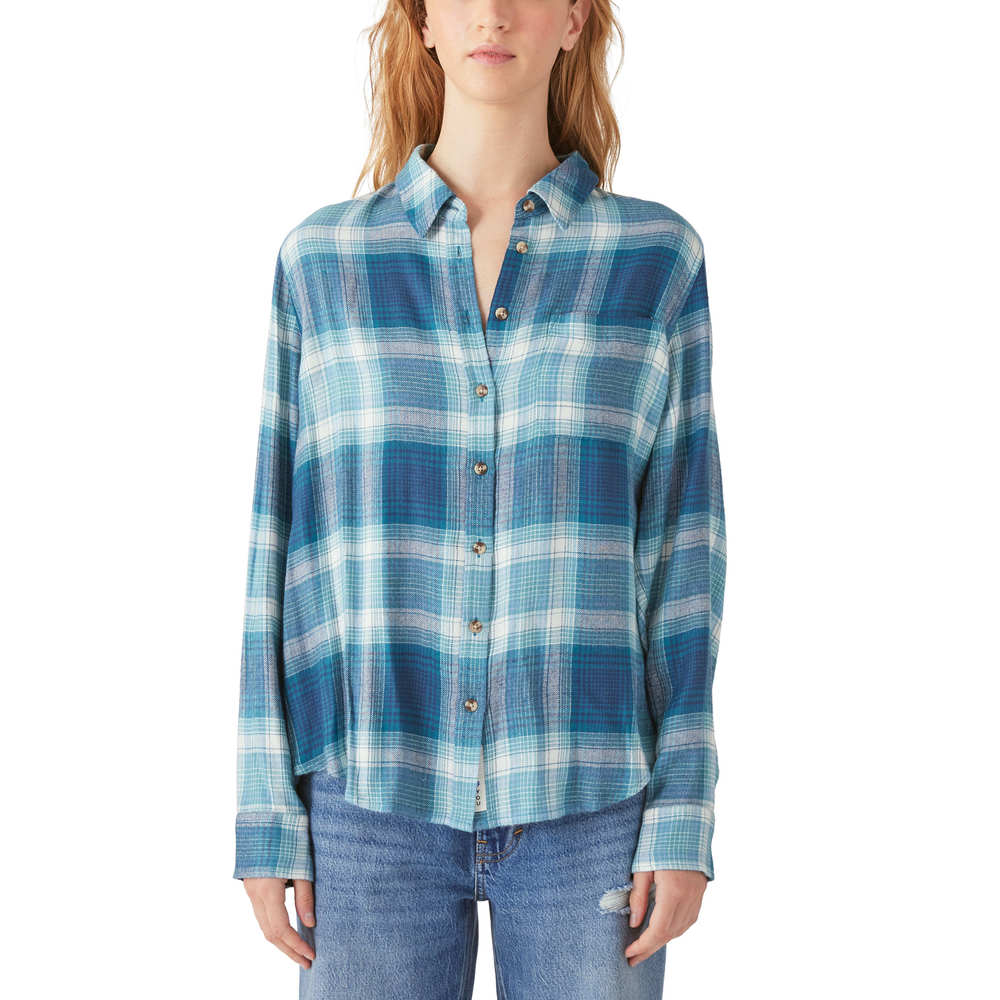 Lucky Brand Cloud Plaid Boyfriend Shirt - Teal Plaid